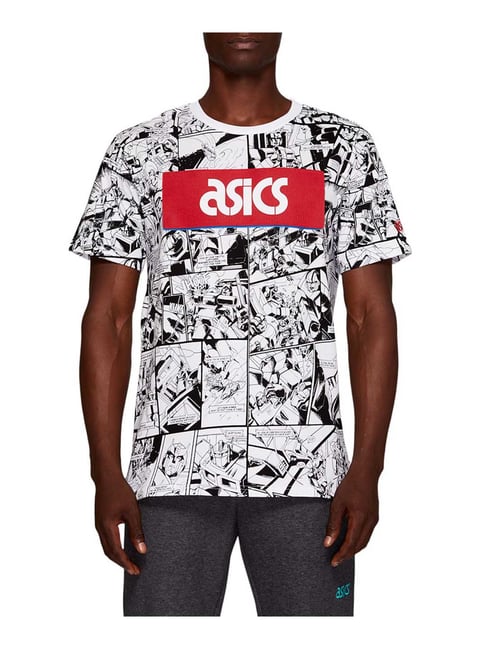 Asics White Black Regular Fit Printed T-Shirt