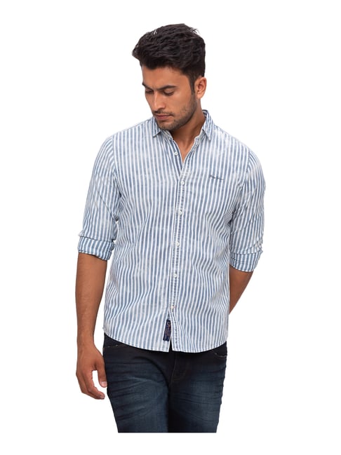 White Cotton Slim Fit Striped Shirt 