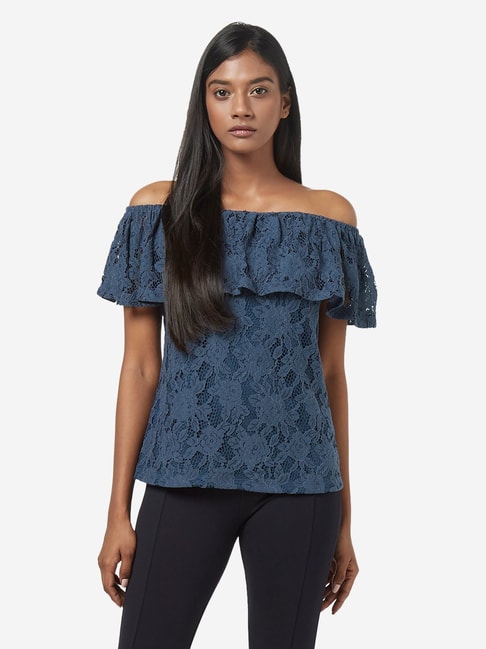 Buy Wardrobe by Westside Blue Lace-Detailed Maine Top Online at Best ...