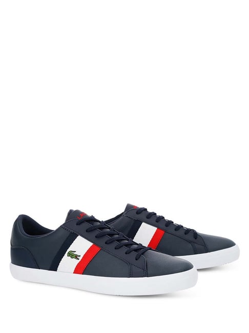 Lacoste Navy, White Red Lerond Tumbled Leather Trainer Sneakers