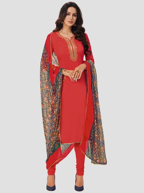 Saree Mall Red Embroidered Unstitched Dress Material With Dupatta