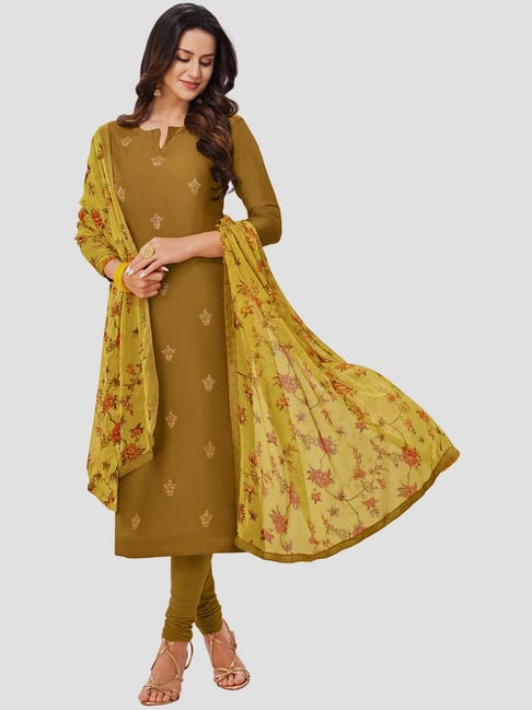 Saree Mall Olive Green Embroidered Unstitched Dress Material With Dupatta