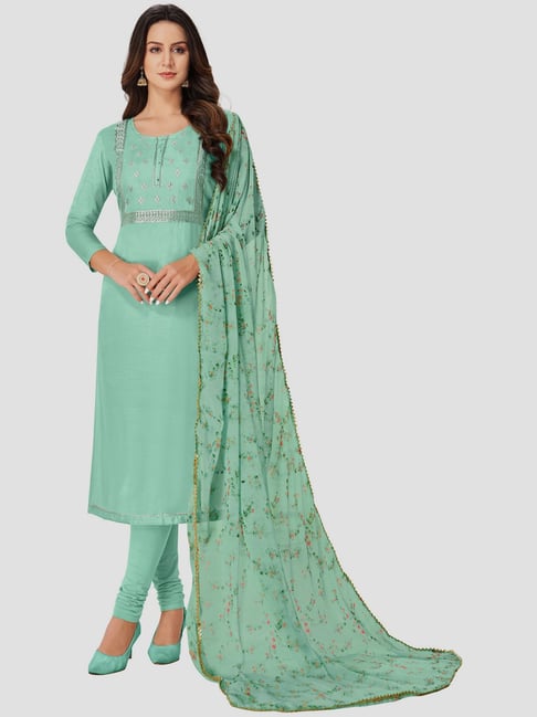 Saree Mall Sea Green Embroidered Unstitched Dress Material With Dupatta