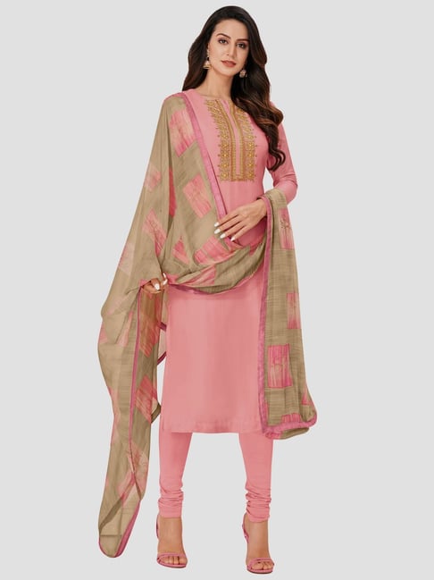 Saree Mall Baby Pink Embroidered Unstitched Dress Material With Dupatta