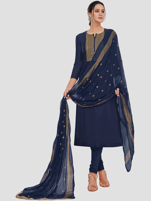 Saree Mall Navy Embroidered Unstitched Dress Material With Dupatta