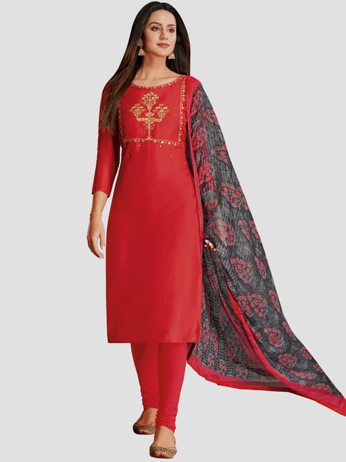 Saree Mall Red Embroidered Unstitched Dress Material With Dupatta