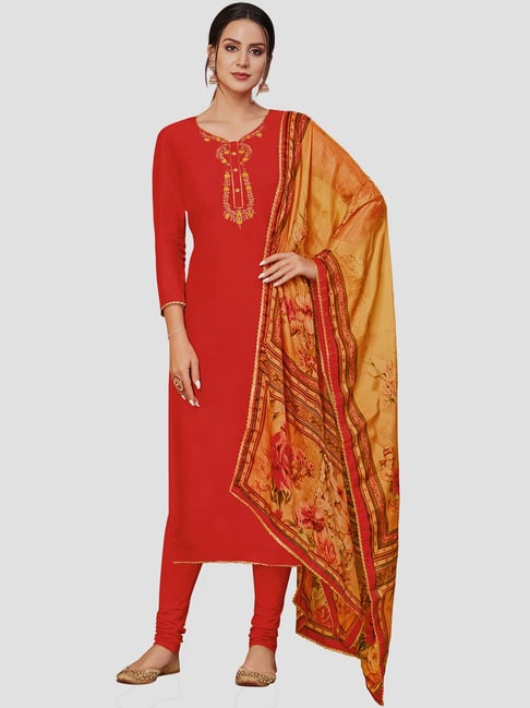 Saree Mall Red Embroidered Unstitched Dress Material With Dupatta