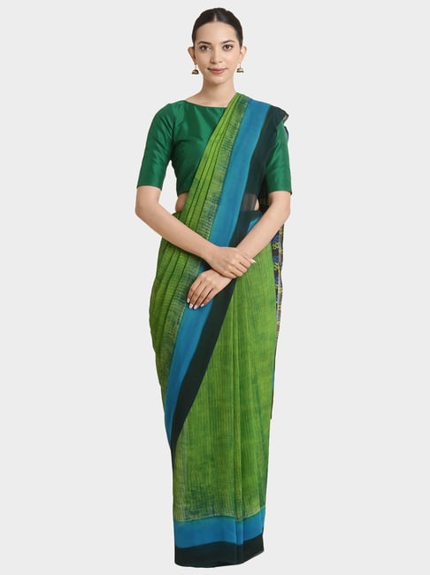 Taneira Green Printed Saree Without Blouse Price in India