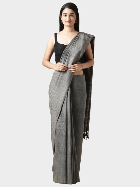 Taneira Grey Striped Saree Without Blouse Price in India