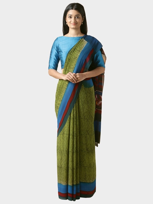 Taneira Olive Printed Saree Without Blouse Price in India