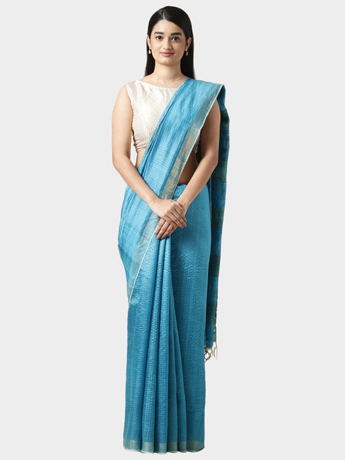 Taneira Blue Check Saree With Blouse Price in India
