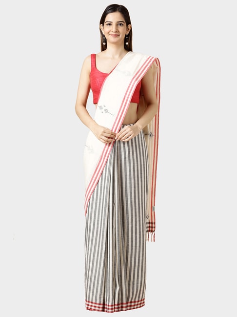 Taneira Off White & Grey Striped Saree With Blouse Price in India
