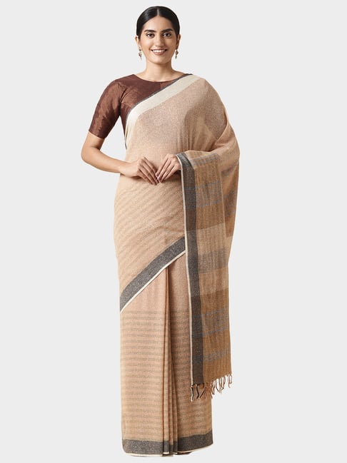 Taneira Khaki Striped Saree With Blouse Price in India