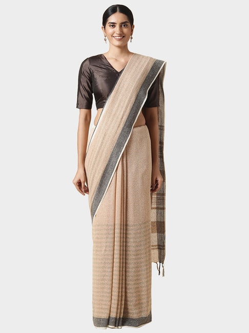 Taneira Beige Striped Saree With Blouse Price in India