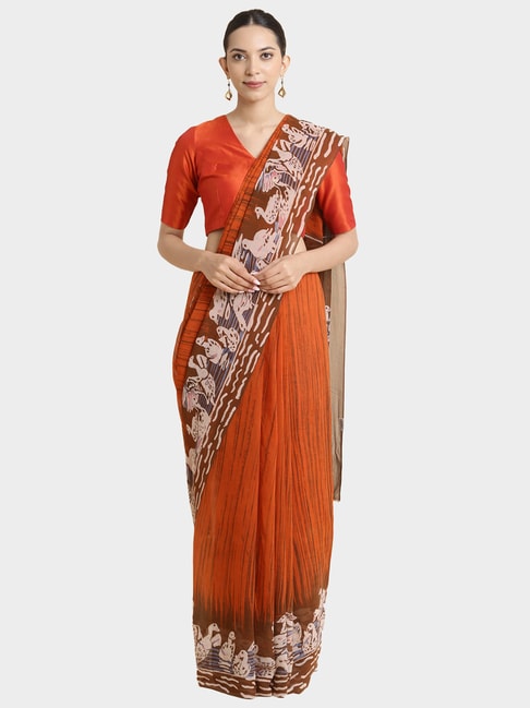 Taneira Orange Printed Saree Without Blouse Price in India