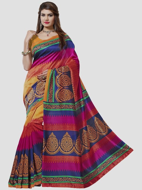 KSUT Magenta & Blue Printed Saree With Unstitched Blouse Price in India