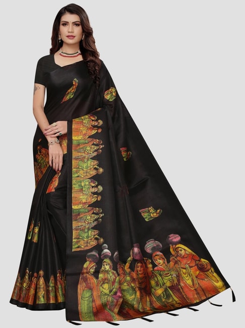 KSUT Black Printed Saree With Unstitched Blouse Price in India