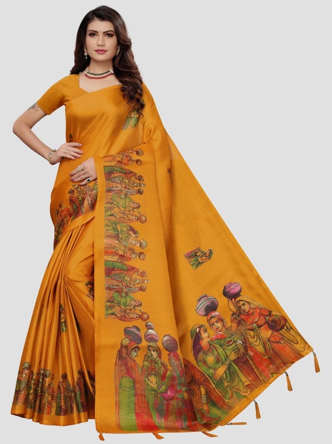 KSUT Mustard Printed Saree With Unstitched Blouse Price in India