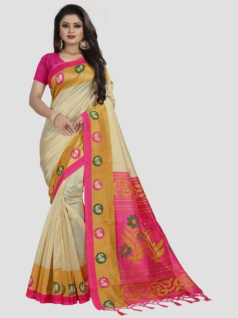 KSUT Beige & Pink Woven Saree With Unstitched Blouse Price in India