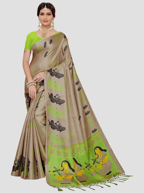 KSUT Beige & Green Printed Saree With Unstitched Blouse Price in India