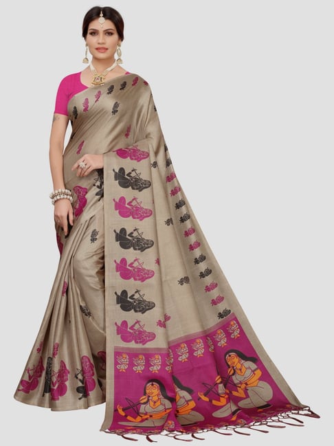 KSUT Beige & Magenta Printed Saree With Unstitched Blouse Price in India