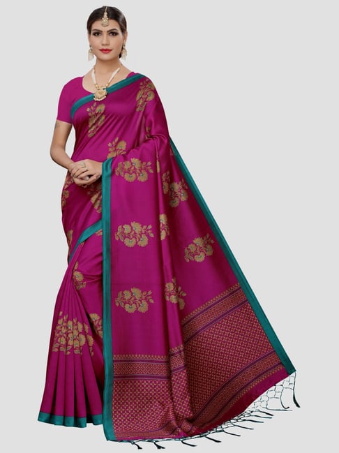 KSUT Magenta Printed Saree With Unstitched Blouse Price in India