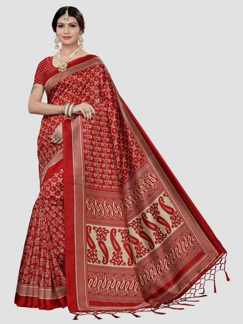 KSUT Maroon Printed Saree With Unstitched Blouse Price in India