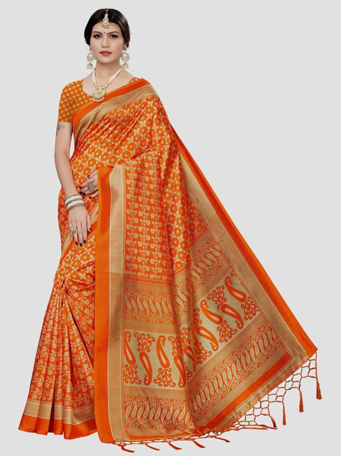 KSUT Orange Printed Saree With Unstitched Blouse Price in India