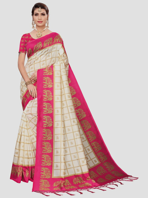KSUT Off-White & Pink Printed Saree With Unstitched Blouse Price in India