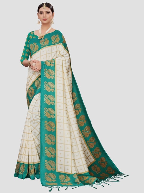 KSUT Cream & Turquoise Printed Saree With Unstitched Blouse Price in India