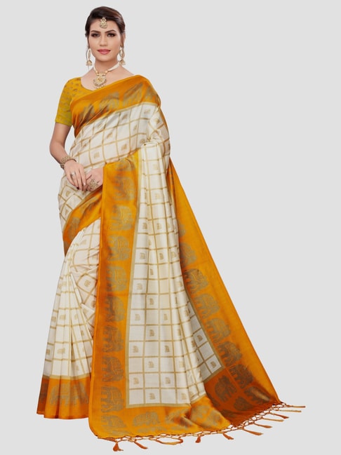 KSUT Beige & Mustard Printed Saree With Unstitched Blouse Price in India