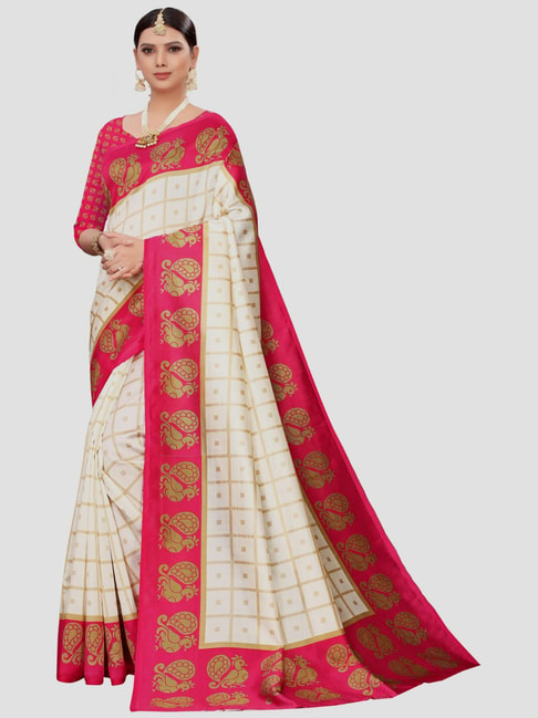 KSUT Cream & Pink Printed Saree With Unstitched Blouse Price in India