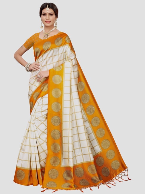 KSUT Cream & Mustard Chequered Saree With Unstitched Blouse Price in India