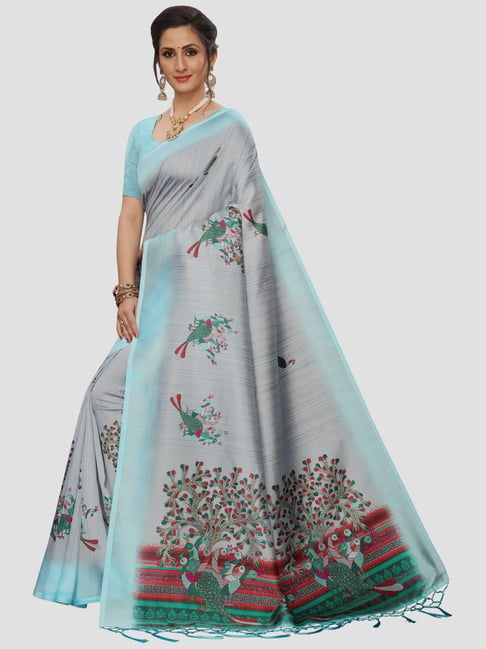 KSUT Grey & Blue Printed Saree With Unstitched Blouse Price in India