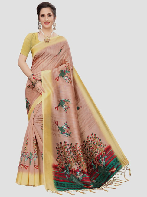 KSUT Peach & Yellow Printed Saree With Unstitched Blouse Price in India