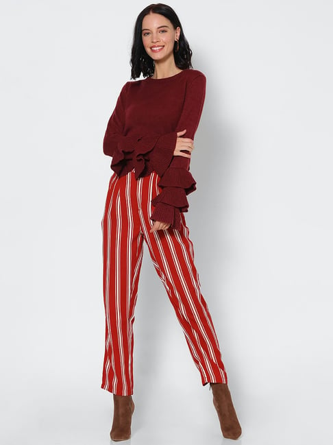 Buy Maroon Mid Rise Striped Trousers for Men
