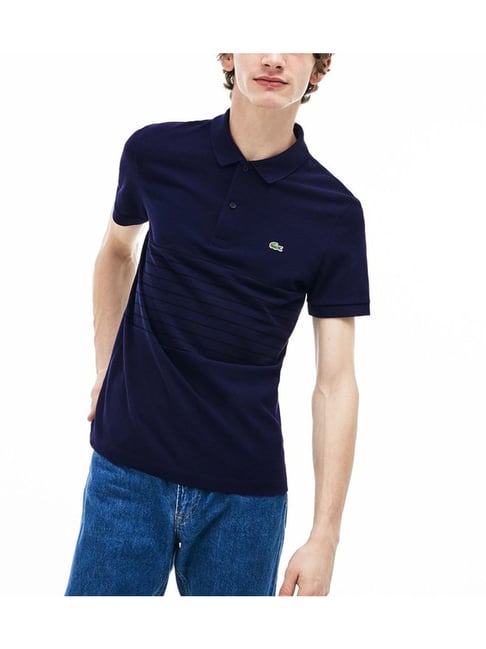Lacoste Navy Blue Black Striped Cotton Petit Pique Regular Fit Polo  T-Shirt