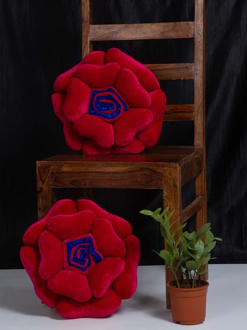 HOSTA HOMES Red Velvet Flower Shaped Filled Cushion - Set of 1