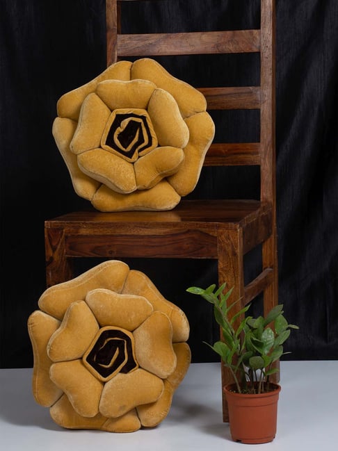 HOSTA HOMES Yellow Velvet Flower Shaped Filled Cushion - Set of 1