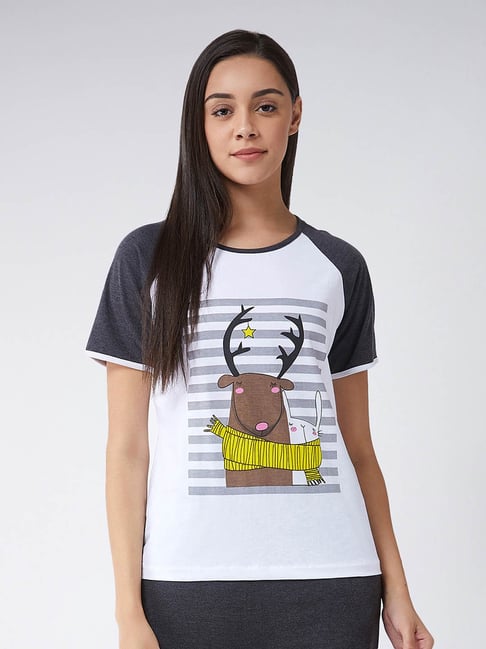 Miss Chase White & Charcoal Grey Graphic Print T-Shirt-picture-13