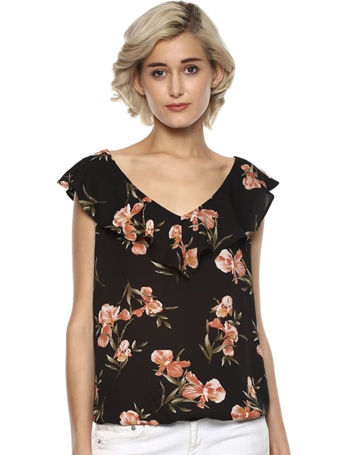 Buy Harpa Black Top With Floral Embroidery - Tops for Women