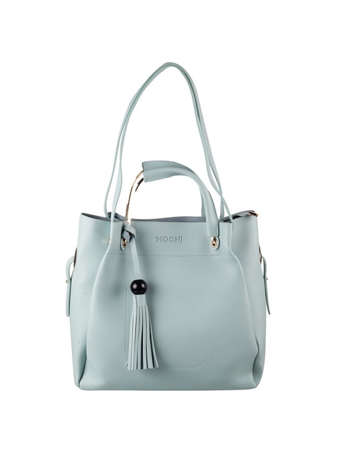 Mochi Blue Solid Medium Tote Handbag With Pouch Price in India