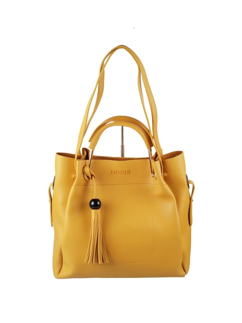 Mochi Yellow Solid Medium Tote Handbag With Pouch Price in India