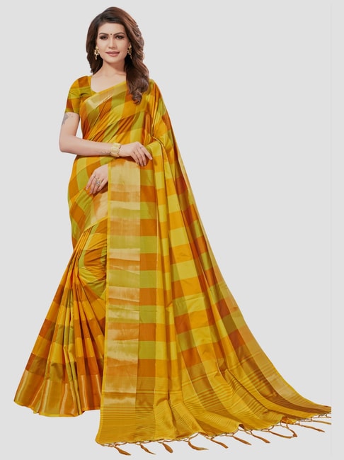 Saree Mall Yellow Chequered Saree With Unstitched Blouse Price in India