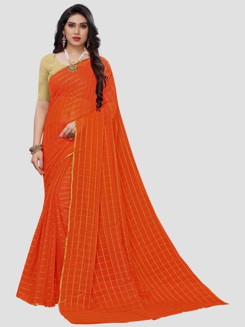 Saree Mall Orange Chequered Saree With Unstitched Blouse Price in India