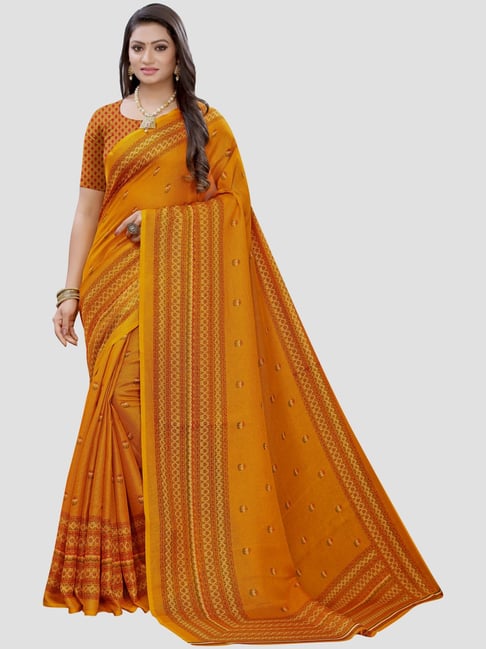 Saree Mall Mustard Printed Saree With Unstitched Blouse Price in India