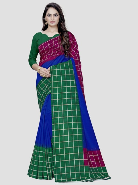 Saree Mall Blue & Green Chequered Saree With Unstitched Blouse Price in India