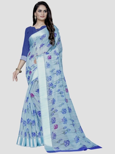 Saree Mall Blue Floral Print Saree With Unstitched Blouse Price in India