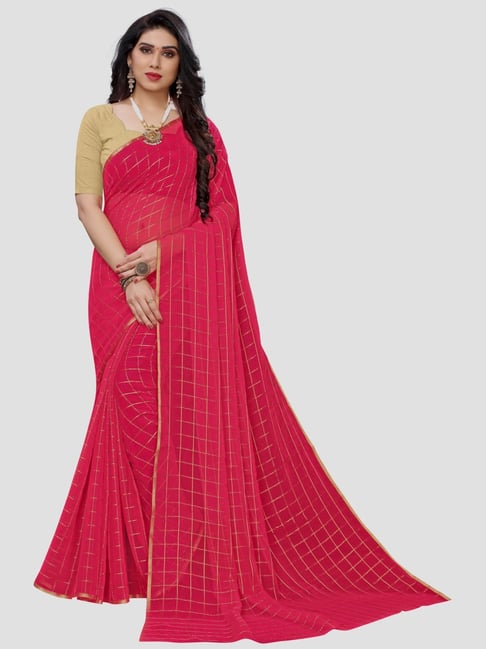 Saree Mall Pink Chequered Saree With Unstitched Blouse Price in India