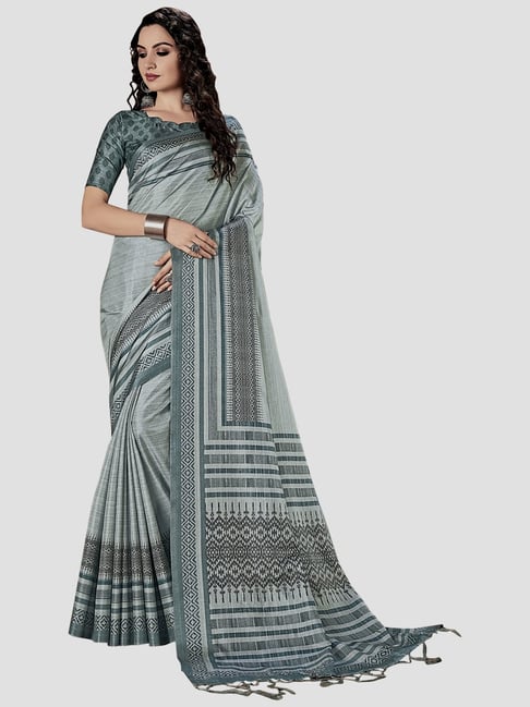 Saree Mall Grey Printed Saree With Unstitched Blouse Price in India